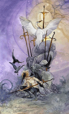 Seven of Swords. Mirage Valley Tarot by Barbara Moore