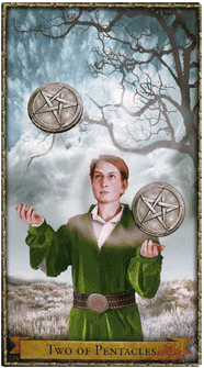 Two of Pentacles. Wizards Tarot by Corrine Kenner
