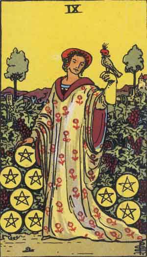 Nine of Pentacles Tarot Card. The Rider–Waite Tarot Deck