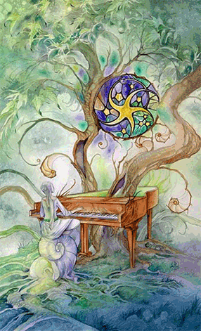 Nine of Pentacles. Mirage Valley Tarot by Barbara Moore