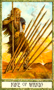 Nine of Wands. The Druid Craft Tarot Deck by Philip and Stephanie Carr-Gomm 