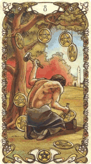 Eight of Pentacles. Tarot by Alphonse Mucha